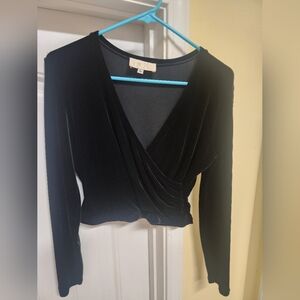 Vintage Cache Black Velvet Wrap Crop Top | Long Sleeve | Size L | Y2K